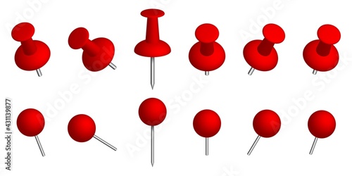 Push pins. Thumbtacks. Set of push pins in different angles.