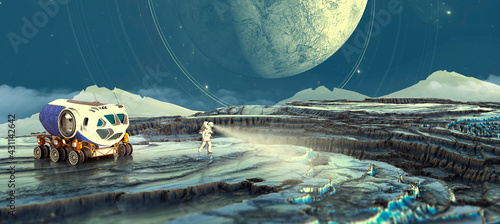 Planets of distant galaxies. Exploration of new worlds, Sci-fi. Conquest of space. Intergalactic travel. 3d render. Astronaut on the lunar surface of an exoplanet. 3d render © Naeblys
