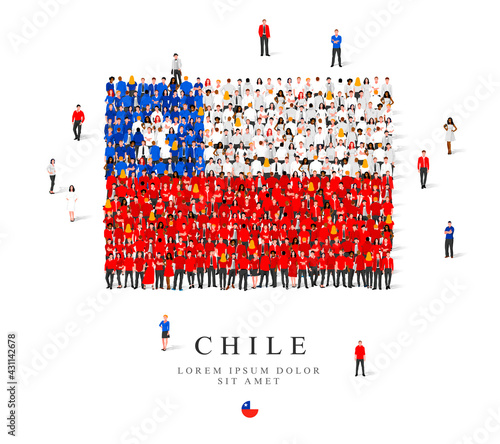A large group of people are standing in blue, white and red robes, symbolizing the flag of Chile.