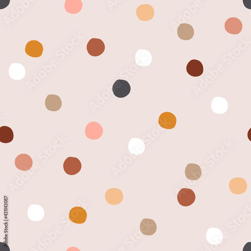 Quirky round shapes vector seamless pattern. Natural colour confetti festal party design. Hand drawn boho geometric abstract polka dots childish background
