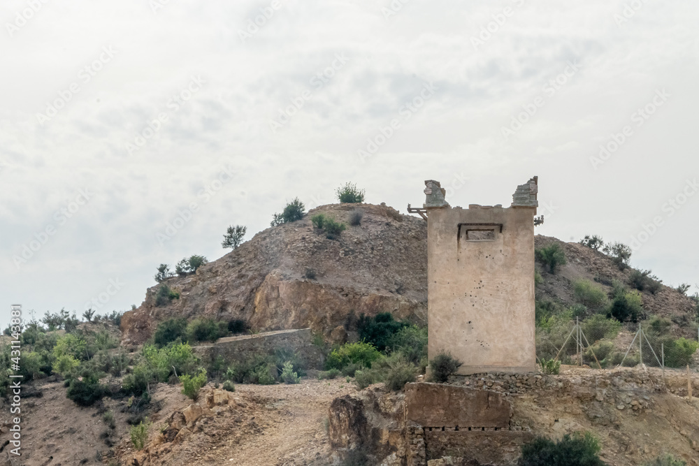 Old tower in the Abandoned Mines of Mazarrón. Murcia region. Spain