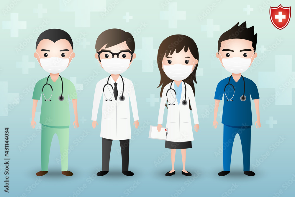 Set of doctor cartoon characters wearing medical mask on a hospital symbol background. Medical people profession doctor team concept in hospital. Vector illustration in flat style. Set of doctor cartoon characters wearing medical mask on a hospital symbol background. Medical people profession doctor team concept in hospital. Vector illustration in flat style.