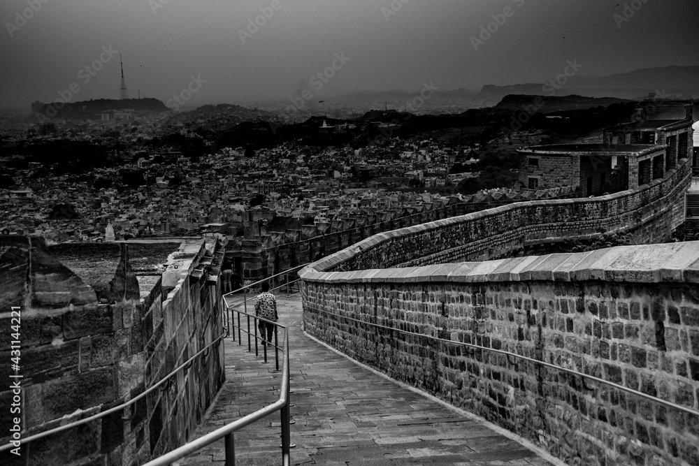 Fototapeta premium Mehrangarh, located in Jodhpur, Rajasthan, is one of the largest forts in India. Built around 1459 by Rao Jodha, the fort is situated 410 feet (125 m) above the sea level.