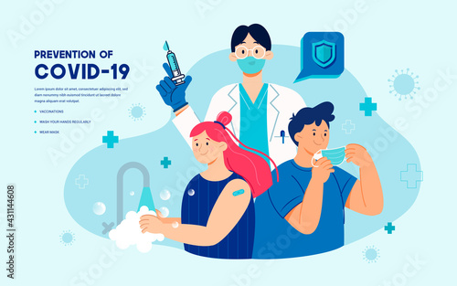 Prevention of Covid-19 promotion with vaccination, wearing face mask and washing hands regularly vector illustration