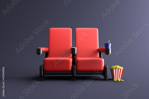 Two red cinema chairs with fizzy drink and box of popcorn over dark background. Concept of entertainment. 3d illustration.