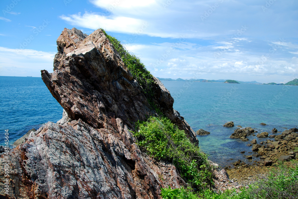 Landscape view of seascape clearly blue sea and Limestone hill on the sea summer season at koh kham beach chonburi thailand 