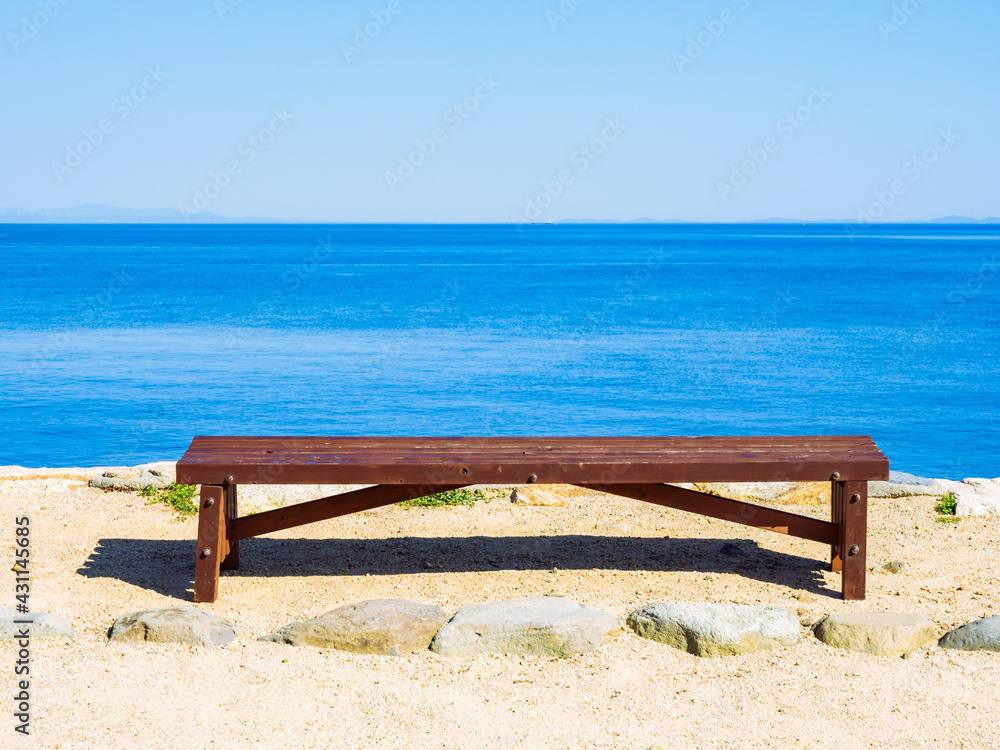 Obraz premium Beautiful Landscape of Sea or Ocean with A Bench, Shodo Island in Kagawa Prefecture in Japan, Natural or Travel Image, Nobody