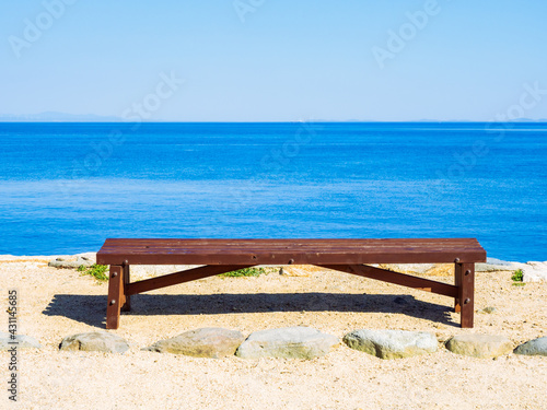 Beautiful Landscape of Sea or Ocean with A Bench, Shodo Island in Kagawa Prefecture in Japan, Natural or Travel Image, Nobody © Akio Mic
