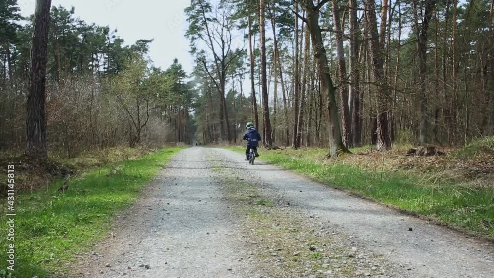 Small boy ride on bicycle in spring forest, healthy outdoor recreation Small boy ride on bicycle in spring forest, healthy outdoor recreation