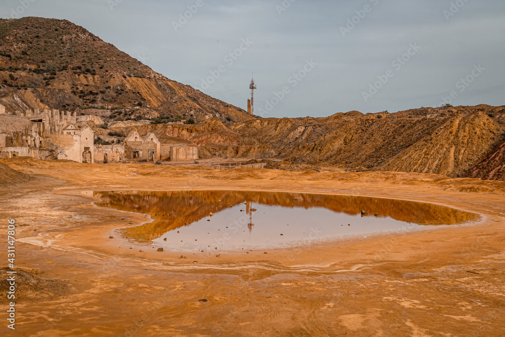 Reflections in the mineralized waters of the Abandoned Mines of Mazarrón. Murcia region. Spain