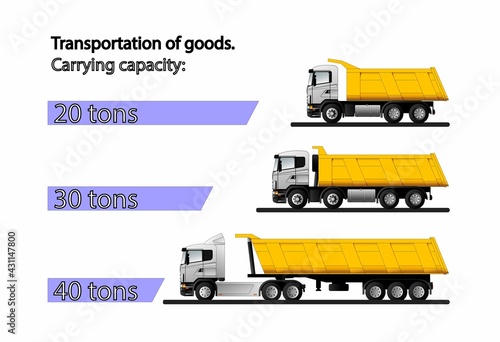 Infographics of the carrying capacity of dump trucks for the transportation of bulk cargo with a carrying capacity of 20, 30 and 40 tons.