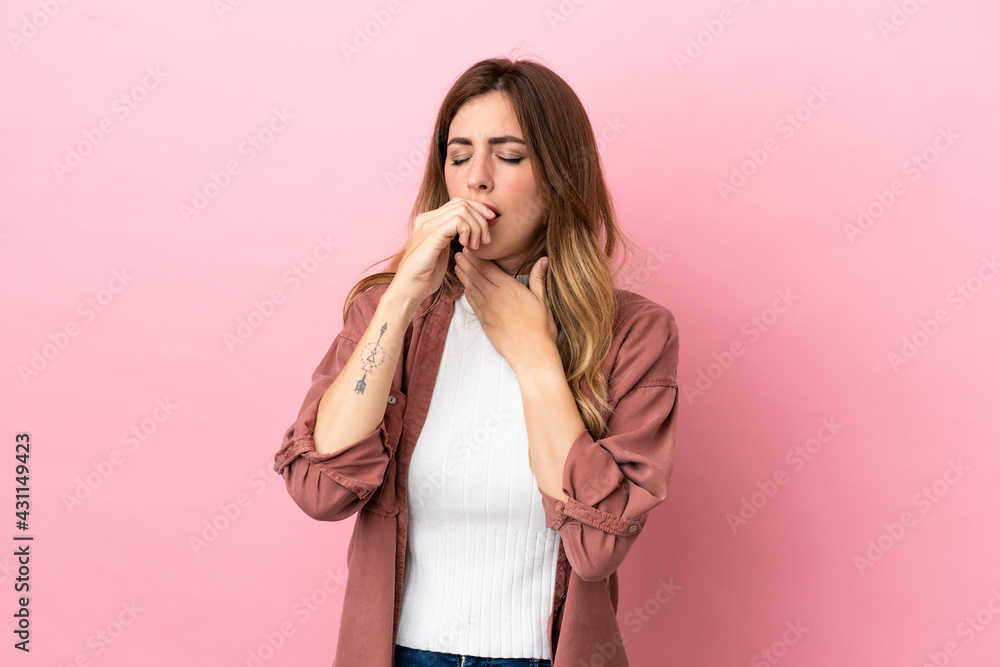 Caucasian woman isolated on pink background coughing a lot Caucasian woman isolated on pink background coughing a lot