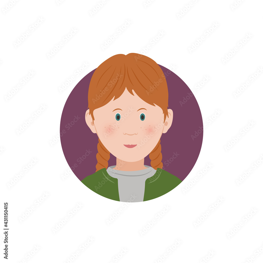 Cute caucasian little girl red-haired with freckles cartoon avatar-face of a character in a circle, flat vector illustration, isolated on a white background.