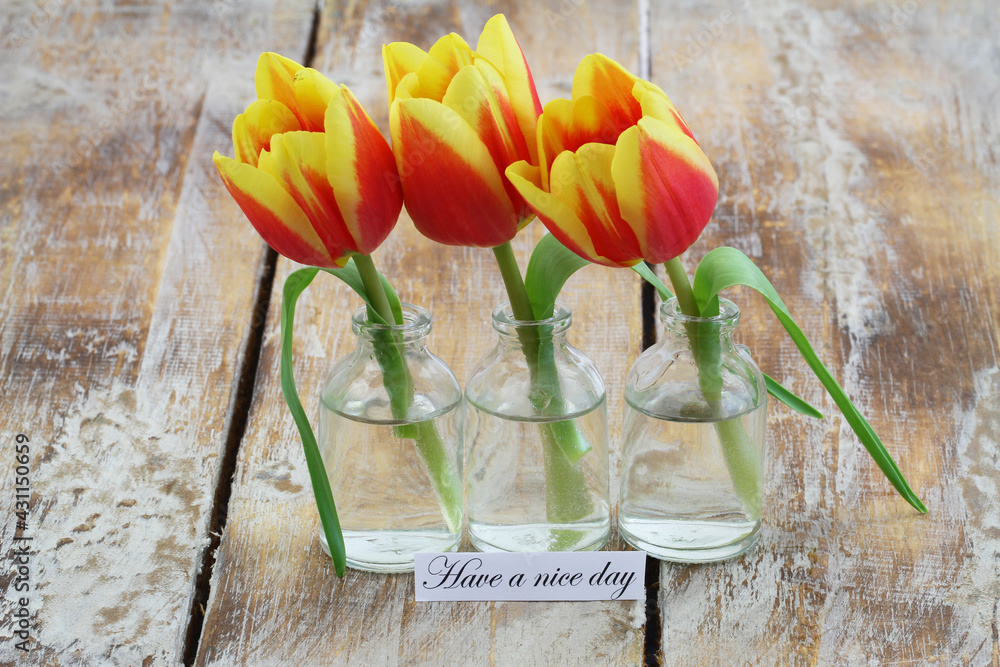 Have a nice day card with red and yellow tulips in miniature glass bottles on rustic wooden surface