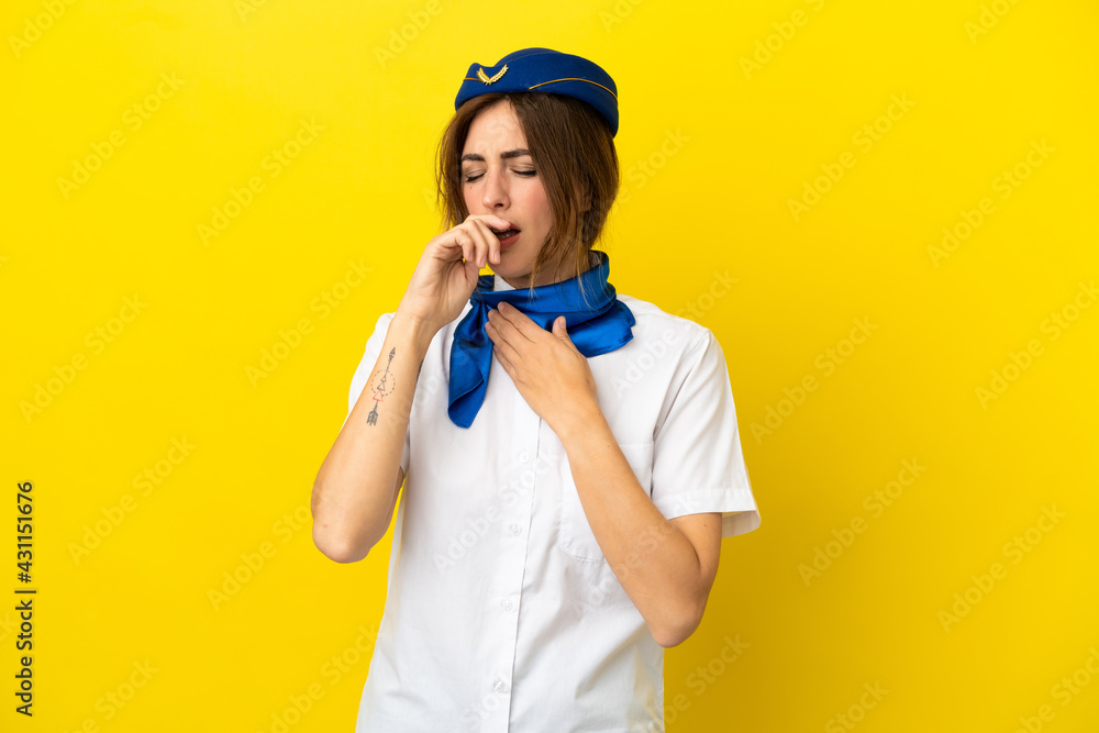 Airplane stewardess woman isolated on yellow background is suffering with cough and feeling bad Airplane stewardess woman isolated on yellow background is suffering with cough and feeling bad