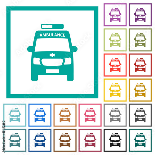Ambulance car front view flat color icons with quadrant frames