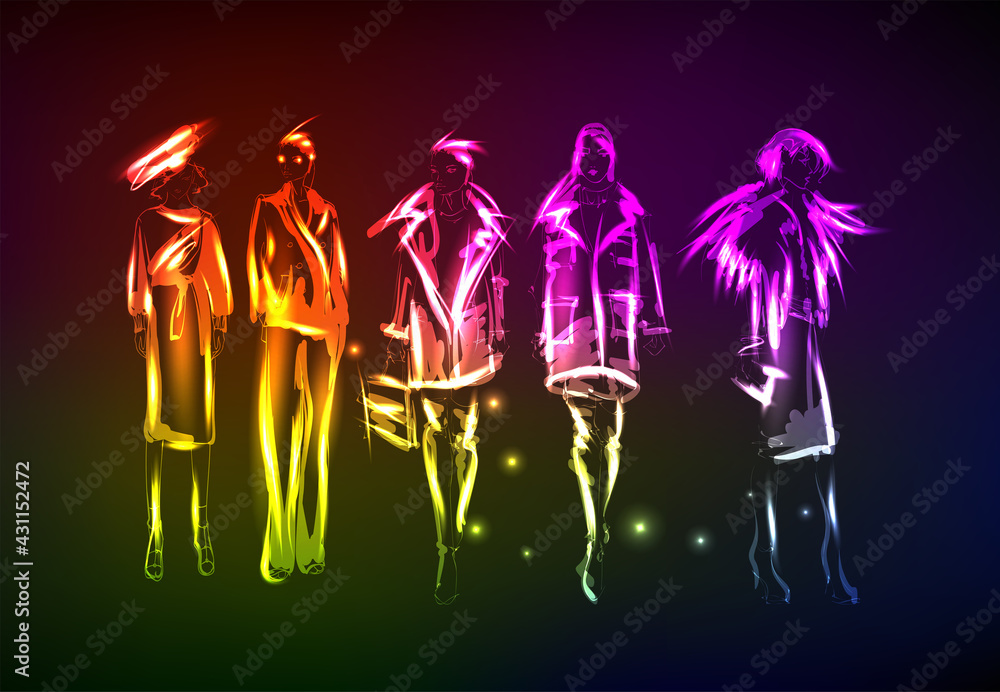 Hand-drawn fashion model from a neon. A light girls. Fashion girls. Stylish fashion model. Fashion woman Hand-drawn fashion model from a neon. A light girls. Fashion girls. Stylish fashion model. Fashion woman