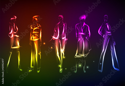 Hand-drawn fashion model from a neon. A light girls. Fashion girls. Stylish fashion model. Fashion woman