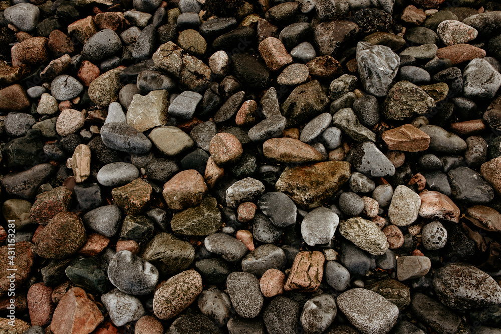 Small stone gravel texture for background. Wet seashore still life with variable size shingle. Lots of details, flat lay, top view image. Small stone gravel texture for background. Wet seashore still life with variable size shingle. Lots of details, flat lay, top view image.