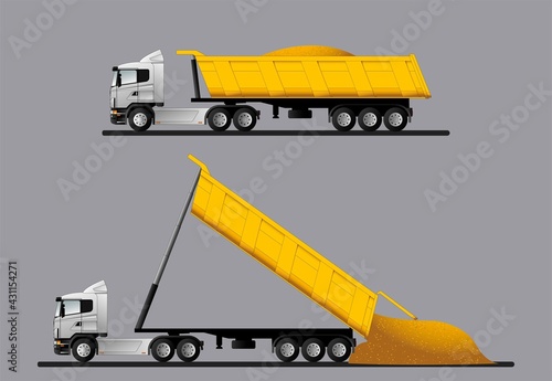A set of dump trucks with transported cargo and unloading.