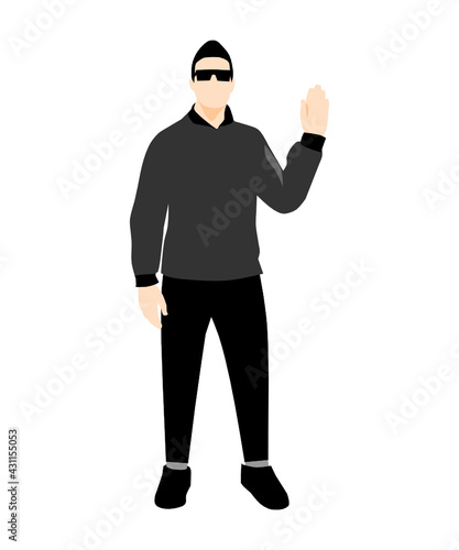 person in black jacket, black pants, black sneakers and sunglasses, raising his hand, saying hello, full length