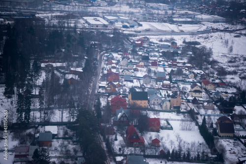  View of the snow-covered suburbs of Moscow from an airplane