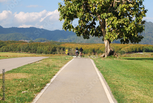 Nature scene and Sport activity ride bicycle on bicycle lane in the parks with Cloud blue sky at singha park , chiang rai , thailand