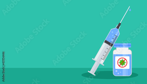 Medical syringe with vaccine vial. Coronavirus protection. Time to vaccinate. Vaccination concept. Background illustration with copy space. Trendy vector flat style graphic design icon element.