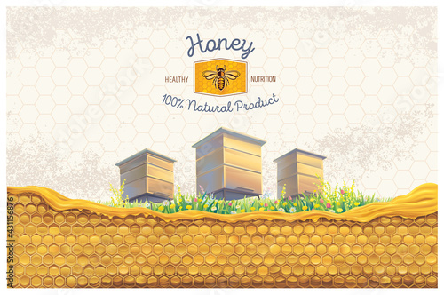 Bee apiary on a designer background, with honeycomb in the foreground and a symbolic illustration of a bee as a design element.