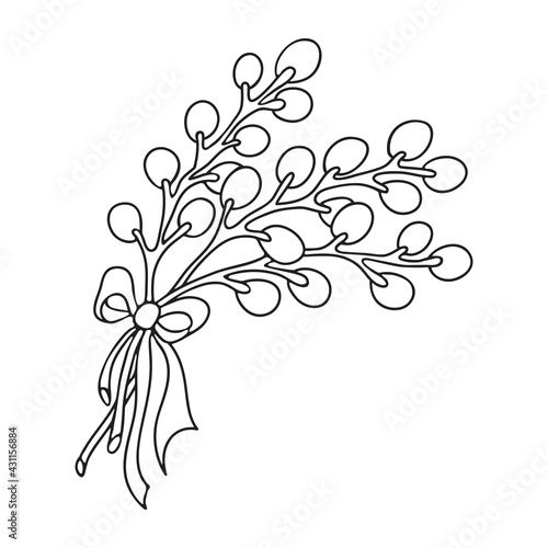 Pussy Willow branches with bow-knot Outline Vector Illustration. Cartoon Doodle style Illustration for Easter greeting cards, coloring book, logo. Isolated on white background