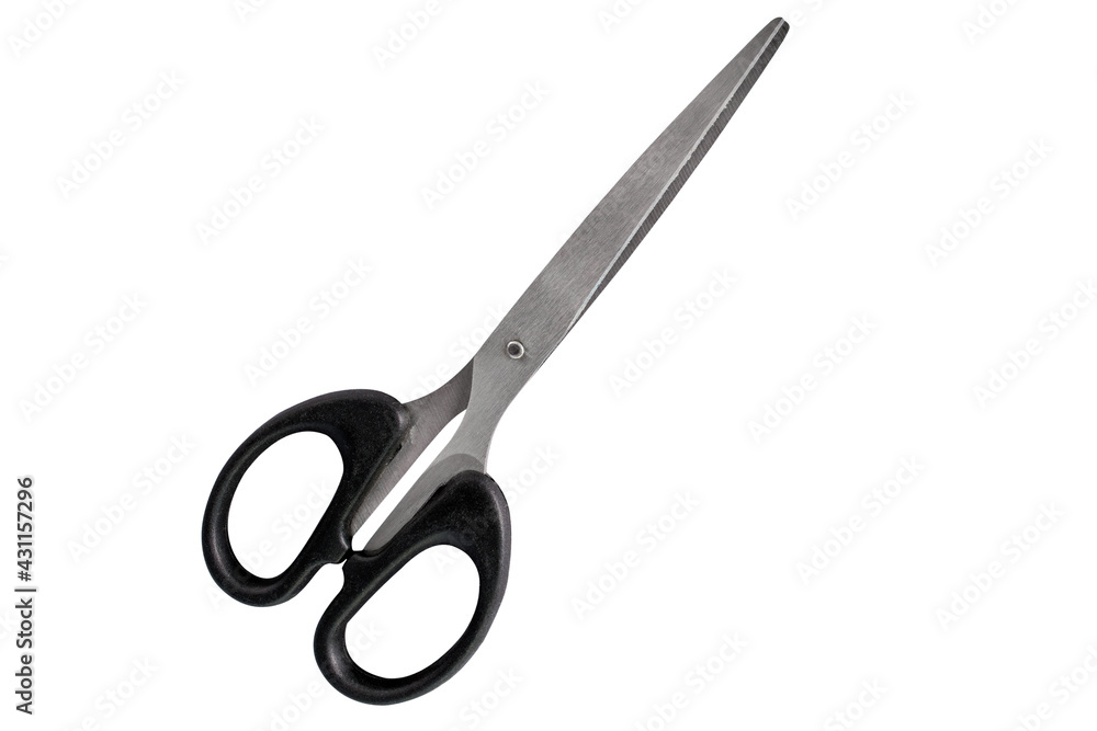 Closed scissors with black handles on white background, isolated. Closed scissors with black handles on white background, isolated.