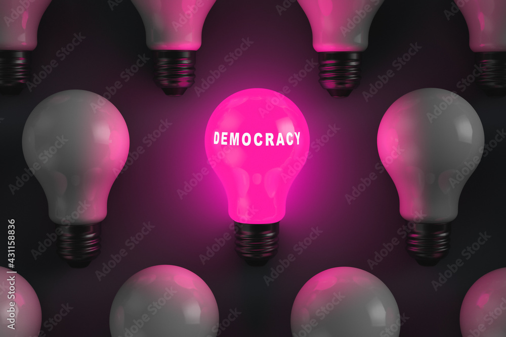 Glowing light bulb with the inscription democracy. Democratic state system