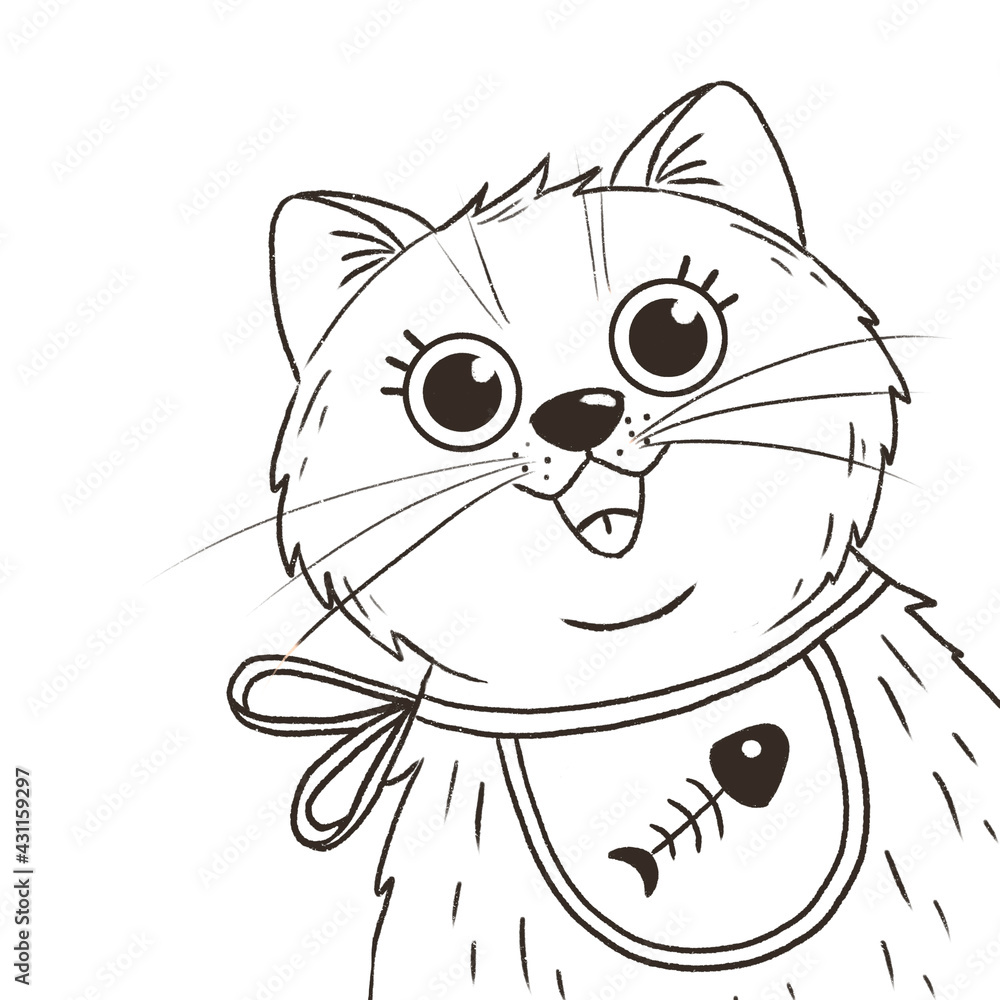 Cute funny cartoon hand-drawn illustration of a cat in a bib for a children's book or coloring book. Cute funny cartoon hand-drawn illustration of a cat in a bib for a children's book or coloring book.