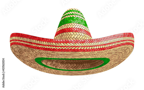 Realistic Summer Straw Wicker Hat like Mexican Sombrero in Front View