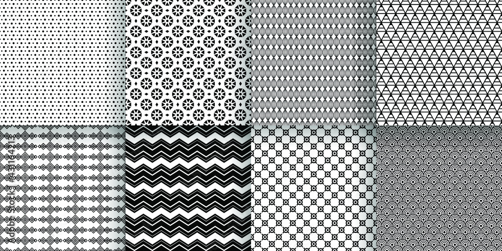 Set Abstract Seamless Pattern Black Line Doodle Geometric Figures Background Vector