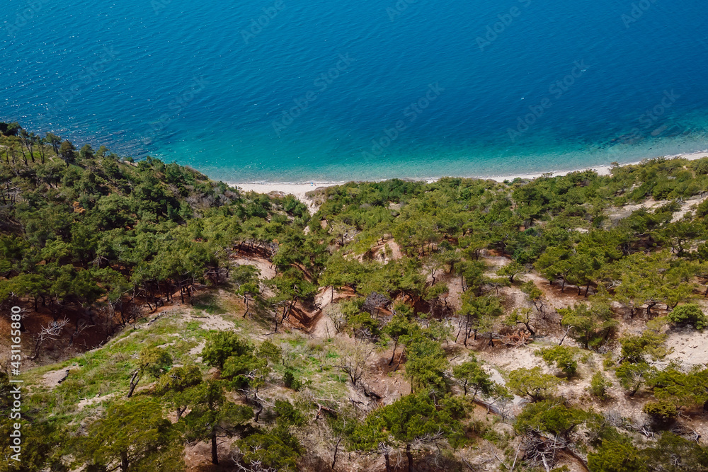 Aerial view of coastline with blue sea and highest cliff. Summer day at Black sea