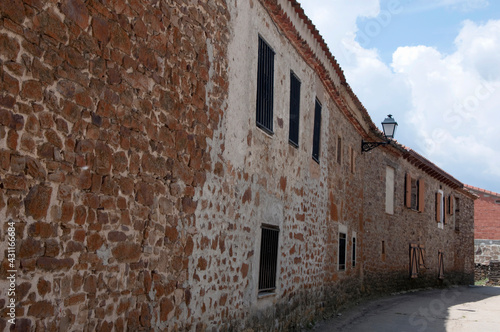 View of a village street with no people. Traditional architecture, stone houses. Soria, Spain, Europe