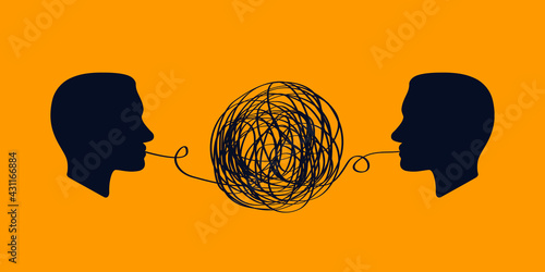 concept icon showing silhouette of human heads with tangled line outside. concept of misunderstanding two people. inability to come to agreement in problems business