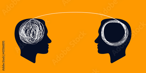 concept icon showing silhouette of human heads with tangled line outside. unraveling of tangled line. metaphor for mentor or coach in problems business