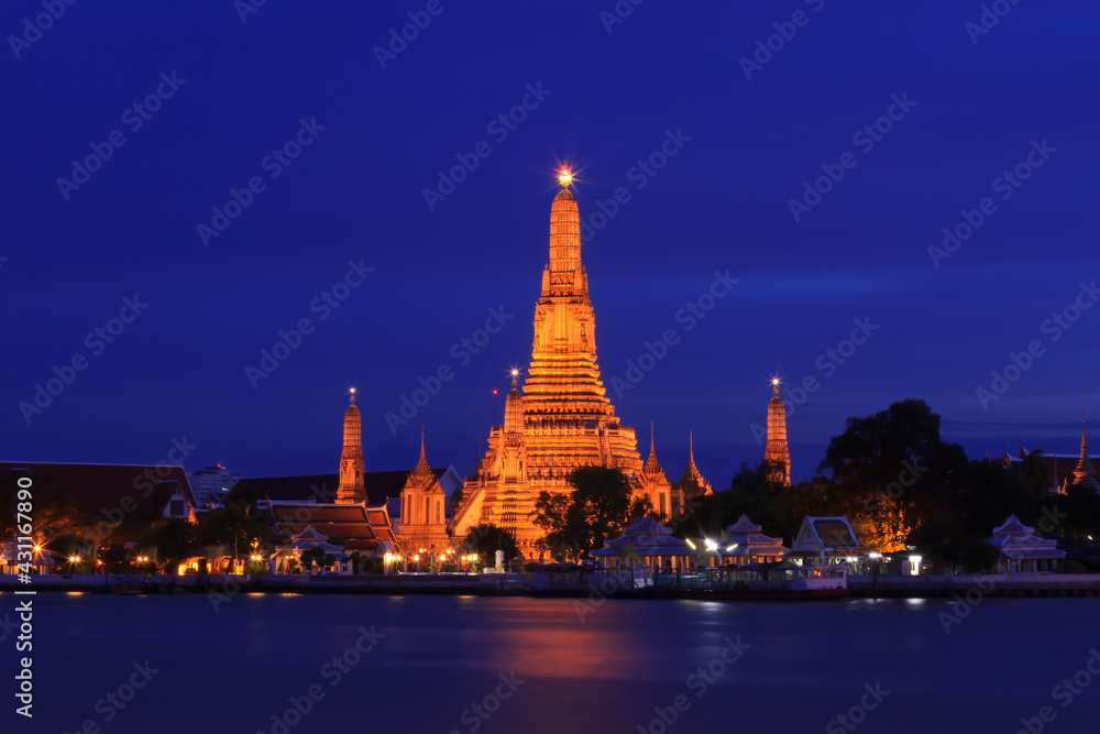 Wat Arun Temple at twilight in bangkok Thailand.
