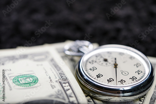 Stopwatch close-up. Chronograph round isolated on background. Macro. Clock. Scale of the measuring device. Timer 