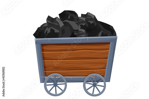 Mine trolley, cart with coal vector illustration isolated on white background in cartoon style. Retro, underground transportation. Ui game asset.