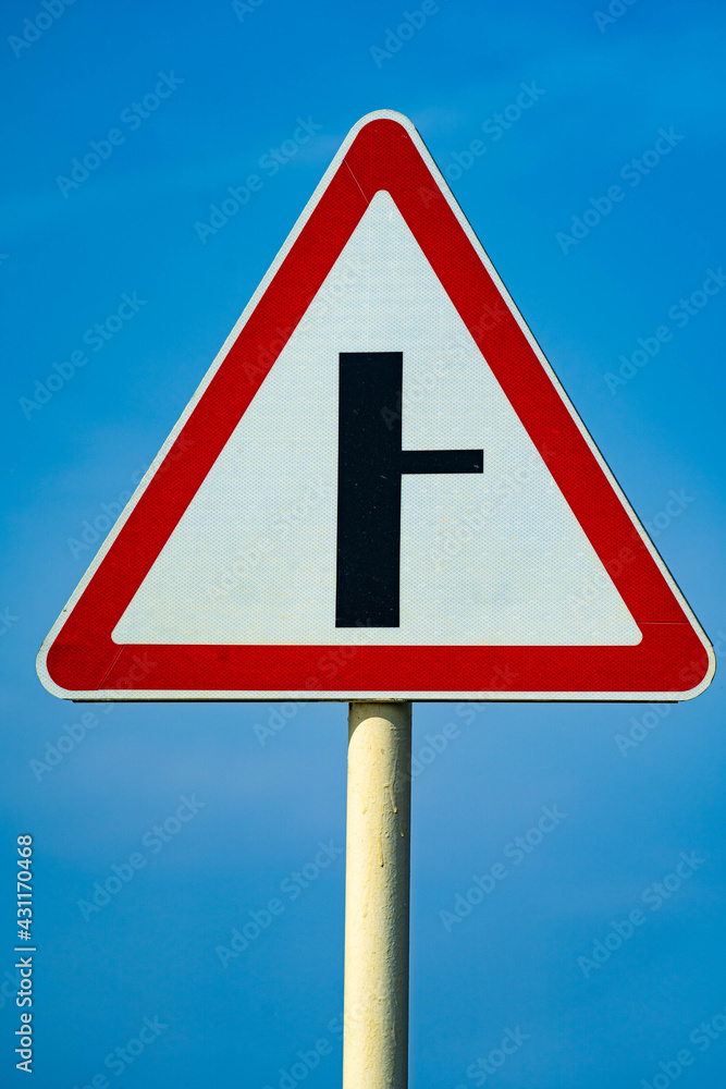 road sign crossroad. intersection. turn right close up shot road sign crossroad. intersection. turn right close up shot