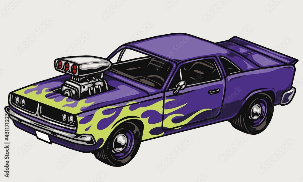 Colorful muscle car with flame decal