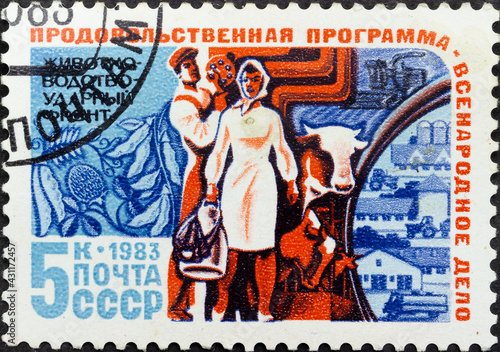 Postage stamp 'Cattle Breeding' printed in USSR. Series: 'Food program of the USSR' by artist Y. Levinovsky, 1983
