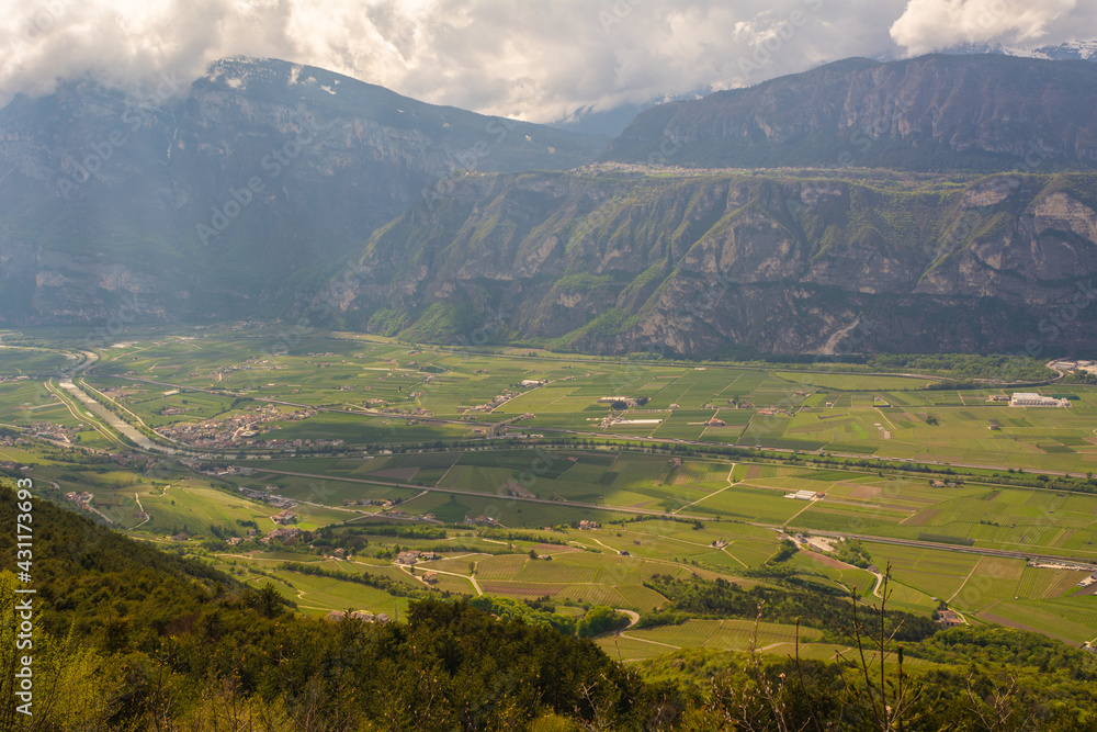 Fototapeta premium Rotaliana Valley landscape from Corona Mount in Trentino Alto Adige, northern Italy, Europe. Corona Mount is a 1,035 meter high mountain in the Val di Cembra.