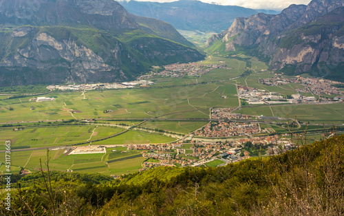 Rotaliana Valley landscape from Corona Mount in Trentino Alto Adige, northern Italy, Europe. Corona Mount is a 1,035 meter high mountain in the Val di Cembra.