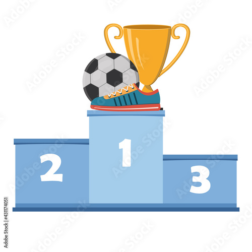 Sports shoes sneakers on the background of a soccer ball and a gold cup on the podium of the award, vector