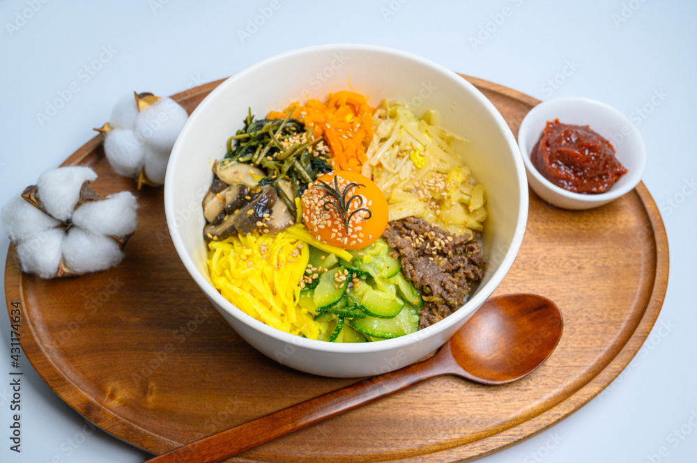 Homemade Korean Bibimbap Rice with white background Homemade Korean Bibimbap Rice with white background