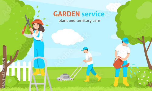 Garden service. Care of plants and the territory. Workers cut trees, mow the lawn and water the plants. Vector illustration.